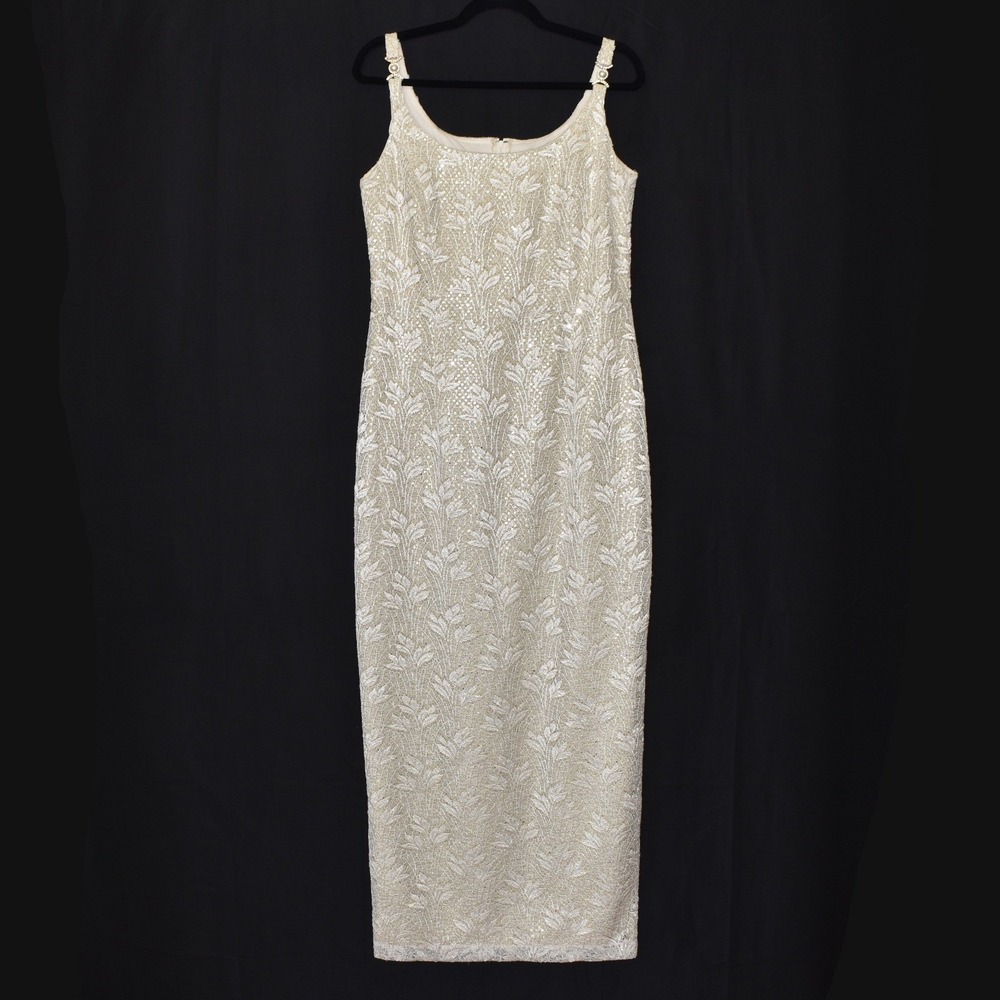 Betsy & Adam Vintage Lace Sequin Maxi Dress Cream Gold Pearl Straps Size 12